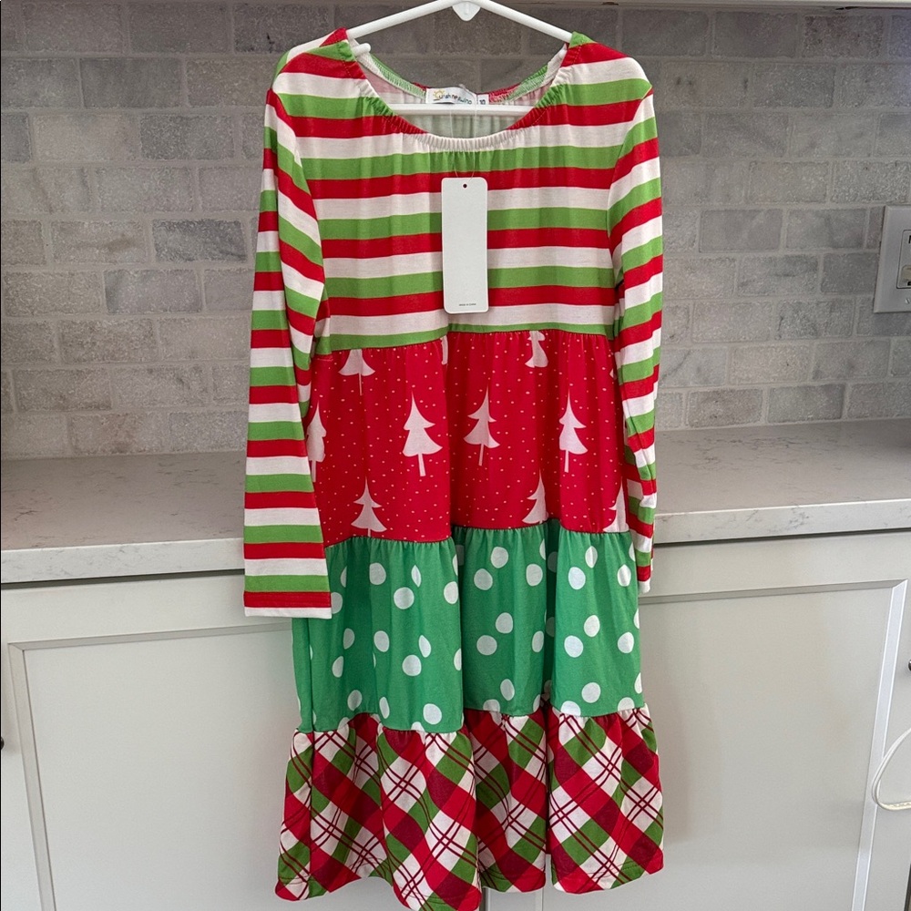 NWT Girls Size 10 Sunshine Swing Dress w/Green & Red Stripes & Festive Patterns
